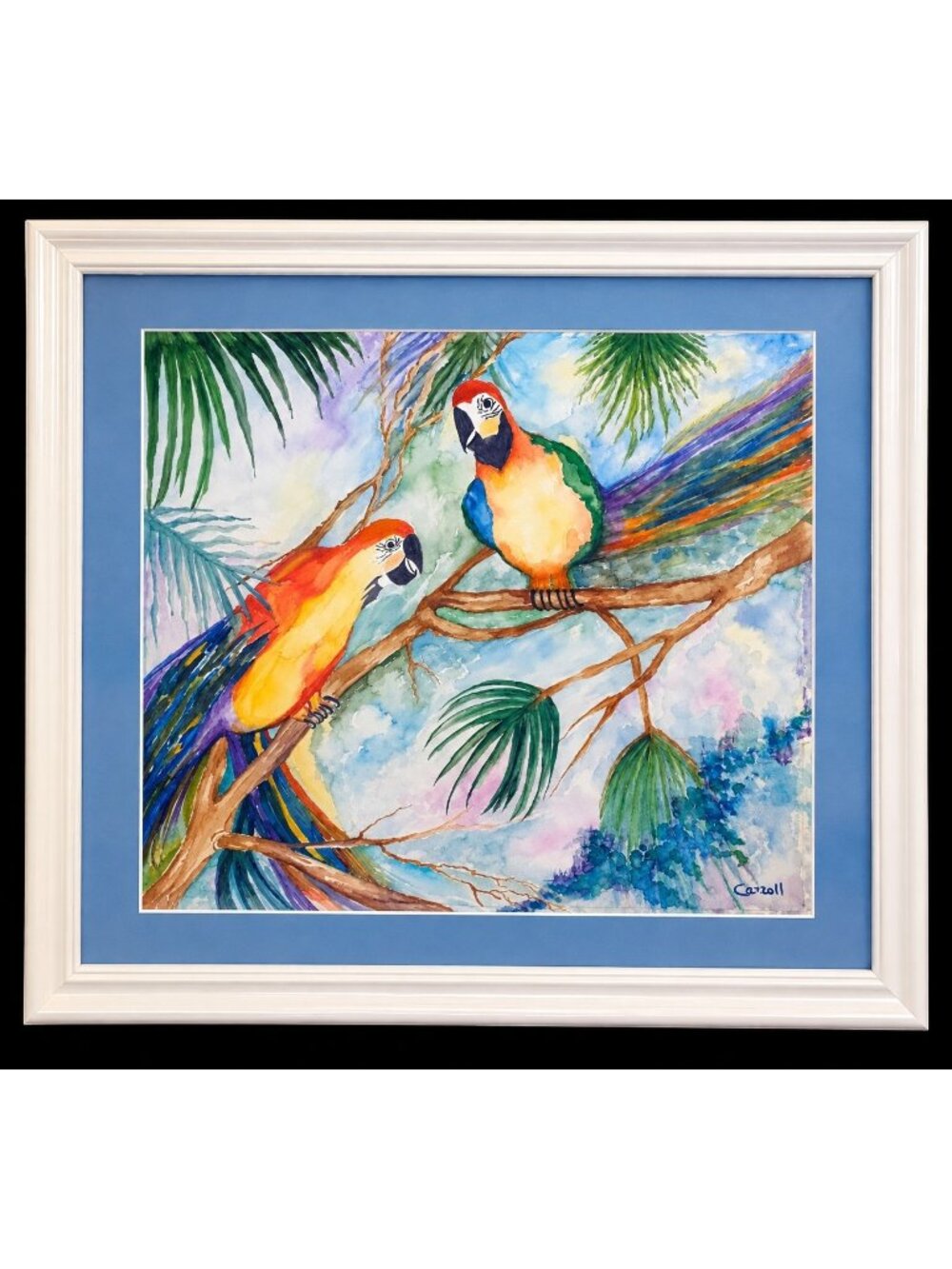 Carroll Original 24 X 22 Watercolor Painting Palm Beach Decor Tropical Parrots